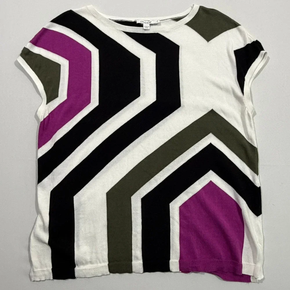 Chicos Knit Top Womens 2 L Purple Black Geometric Cap Sleeve Cotton Blend Mod